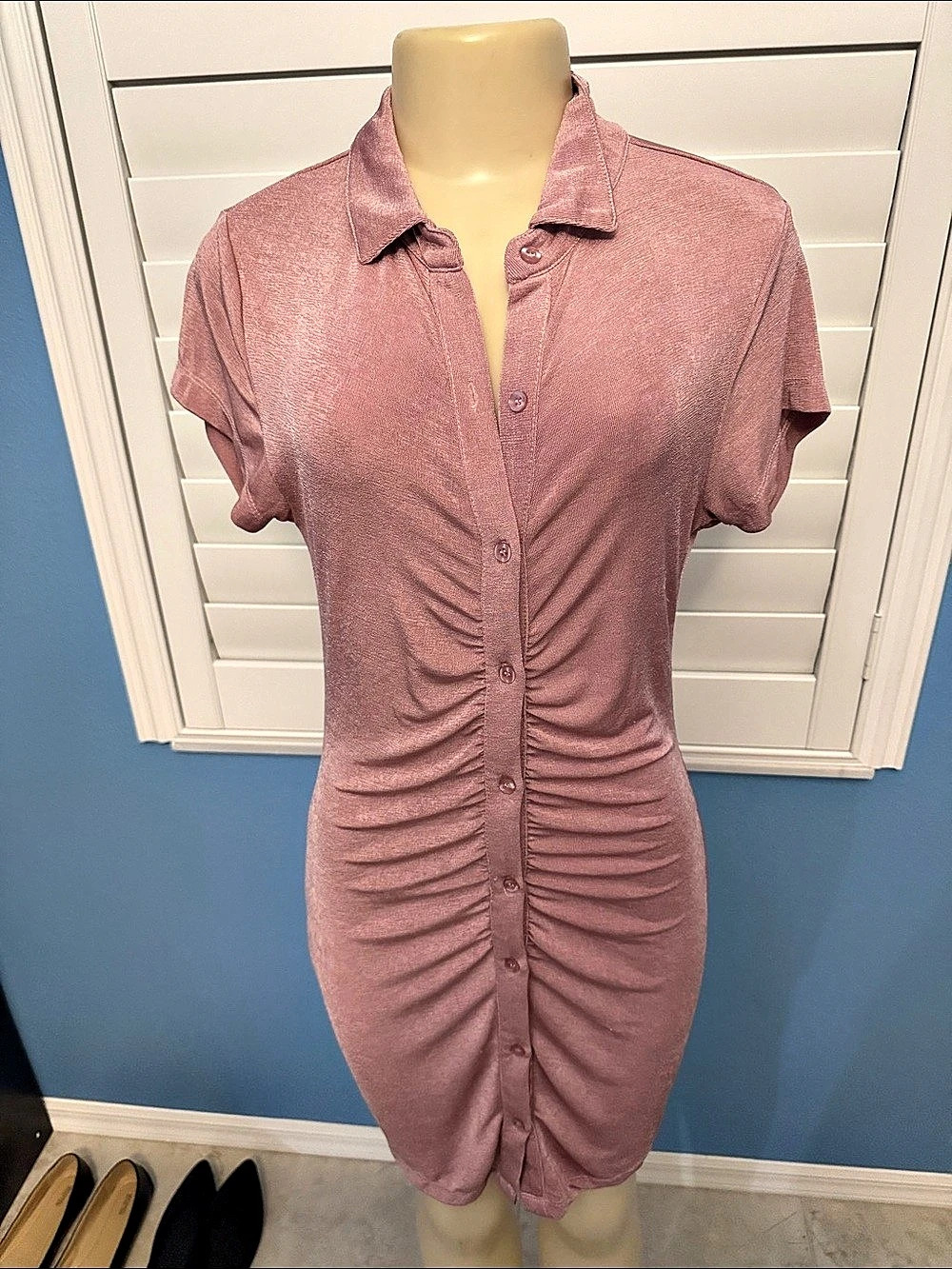 Ruched Button-Front Mini Dress in Pink Like New